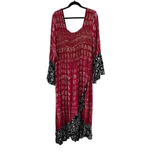 Lotus Traders Batik Maxi Dress Womens 3X Red Black Smocked Bell Sleeve Boho Art